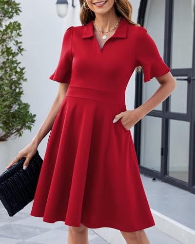 Image of Mokayee Womens Summer Ruffle Sleeve Collared V Neck Fit and Flare Elegant A line Swing Dresses with Pockets
