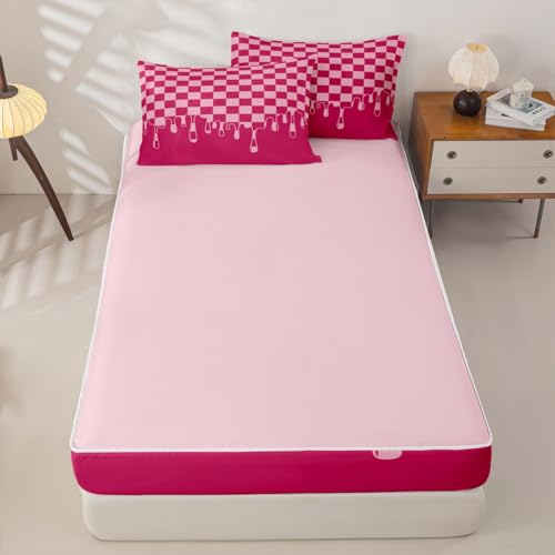 Image of Hot Pink Checkered Zipper Bedding Queen Checkerboard Drip Zip Up Bedding Set for Boys Kids,Cool Aesthetic Modern Geometric Bed in a Bag Comforter with Fitted Sheet and 2 Pillowcases Y2K Room Decor
