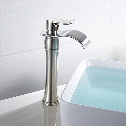 Wovier Brushed Nickel Waterfall Bathroom Sink Faucet With Supply Hose,Single Handle Single Hole Vessel Lavatory Faucet,Basin Mixer Tap Tall Body Commercial #TOP3