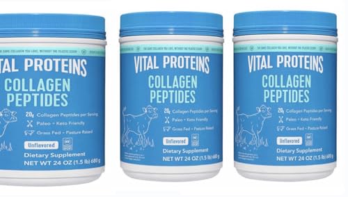 Vital Proteins Collagen Peptides Powder, Promotes Hair, Nail, Skin, Bone and Joint Health, Zero Sugar, Unflavored 24OZ (3)