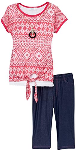 Image of ToBeInStyle Girl's 2 Piece Outfit Layered Top & Capri Jeggings Set Casual Denim Look Leggings