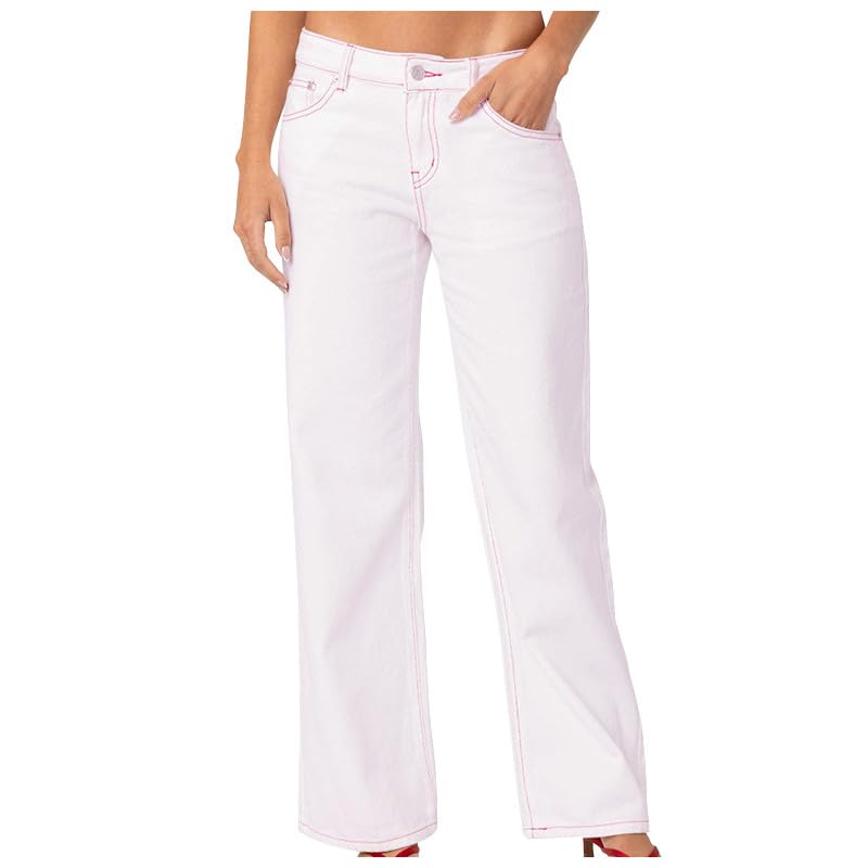 Women's Straight Leg Pink Jeans, Y2K Teen Girl High Waisted Printed Loose Denim Pants with Trendy Strawberries Pocket3