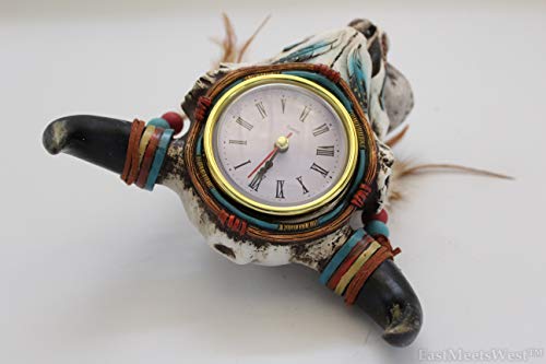 Southwestern Native American Steer Cowskull W/Feather Desk Shelf Electric Clock Rustic Hand Painted Home Office Decoration #TOP5