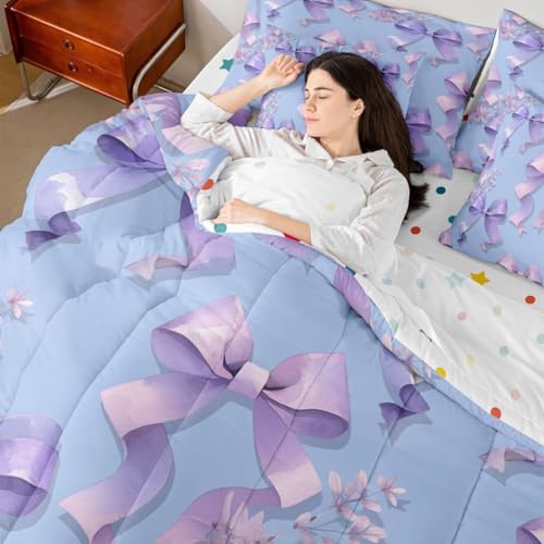 Image of Purple Bow Full Size Bed Sheets and Comforter Set | Cute Bowknot 7-Piece Bedding Set Dreamy Princess Style Ribbon Bow Tie Bed in a Bag, Girly Floral Bed Sets,Kawaii Room Decor Aesthetic