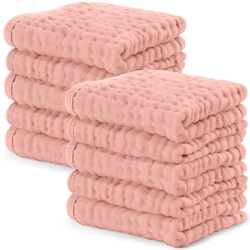 Image of Comfy Cubs Muslin Baby Washcloths 10 Pack - Soft 6-Layer Cotton Wash Cloths for Sensitive Skin - 10 inchx10 inch Large, Gentle, Absorbent Infant Essentials for Newborn and Toddlers - Bold Blush