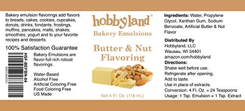 Hobbyland Bakery Emulsions (Butter & Nut Flavoring, 4 fl oz), Butter & Nut Baking Emulsion, Made in small batches.