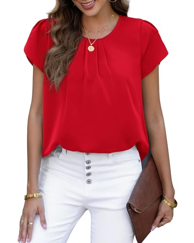 PRETTYGARDEN Women's Tops 2025 Casual Summer Round Neck Short Sleeve Basic Pleated Loose Fit Blouses Plain Tunic Shirts3