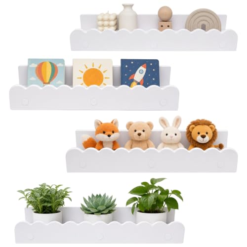 Image of 4 Pack Floating Shelves, Scalloped White Cloud Nursery Bookshelf for Wall
