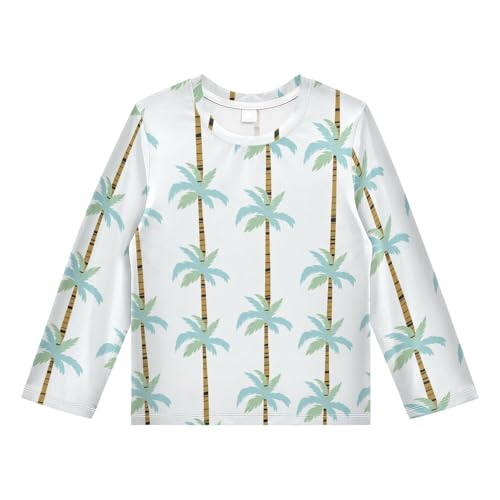 Tropical Palm Trees White Boy's Rash Guard Swim Shirt Long Sleeve Sun Shirt for Swimming Pool Beach UPF50+