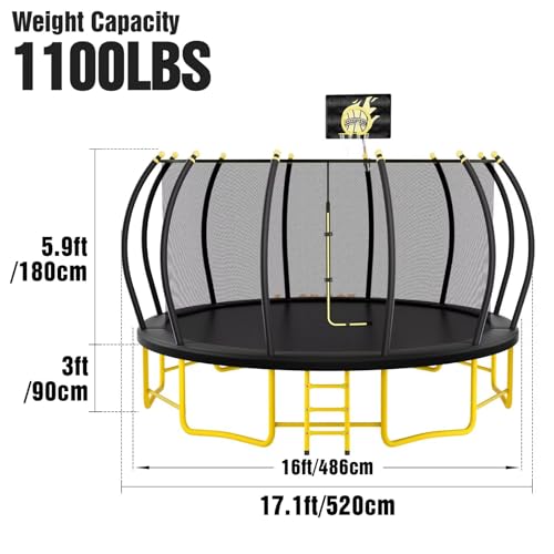 16FT Pumpkin Trampoline with Basketball Hoop, Balance Bar and Enclosure Net, Outdoor Trampoline for Kids and Adults, Capacity 1100 lbs