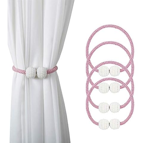 Magnetic Curtain Tie Backs, 4PCS Magnetic Curtain Clips Rope Curtain Holder Buckles Small Bead Curtain Buckle Clips Rope Holders for Home Office Hotel Window Decoration (Pink) Cover