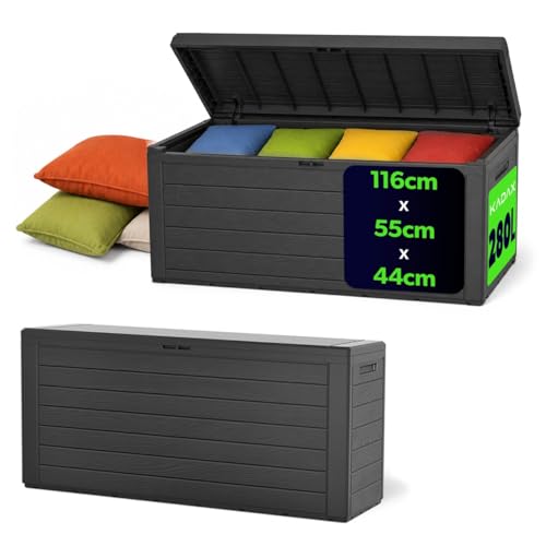 KADAX Gartenkiste, Aufbewahrungsbox aus Kunststoff, Gartentruhe für Aufbewahrung von Kissen, Kinderspielzeug und Sitzauflagen, Gartenbox für Garten und Terrasse (280L, Anthrazit)