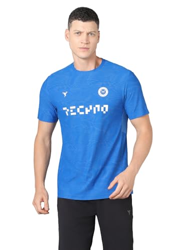 Image of TECHNOSPORT Men Cricket Fan T-Shirt IPL Printed Casual Sportswear Tee Typography Print Slim Fit Round Neck Short Sleeve Polyester Sports Tshirt for MenIPL MensJersey