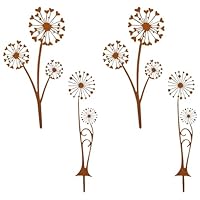 Rusokufo 4 Stück Rost Dekorative Gartenpfähle Metall, Pusteblume Metall Rostdeko Gartenstecker für Pflanzenbeet, Terrasse, Blumentopf und Outdoor Gartendekoration