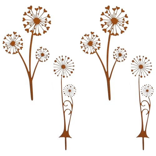 Rusokufo 4 Stück Rost Dekorative Gartenpfähle Metall, Pusteblume Metall Rostdeko Gartenstecker für Pflanzenbeet, Terrasse, Blumentopf und Outdoor Gartendekoration