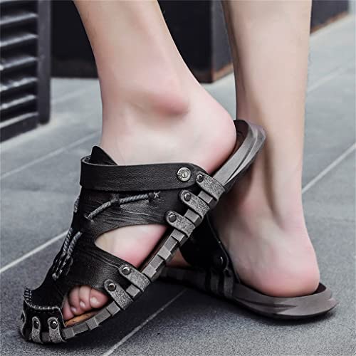Men Leather Sandals Baotou Slippers Genuine Leather Casual Sandals Non Slip Outdoor Beach Vacation Sandals(46)2