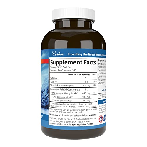 Carlson Super Dha Gems - 500 Mg Dha Supplements, 640 Mg Fatty Acids, Norwegian Fish Oil Concentrate, Wild-Caught, Sustainably Sourced Fish Oil Capsules, 240 Softgels #TOP1