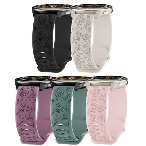 5 Pack 18mm Floral Engraved Watch Bands Compatible with Garmin Venu 4 41mm/Vivoactive 4S/Venu 2S/Venu 3S/Vivomove 3S, Soft Silicone Sport Straps for Garmin Forerunner 255S/265S Women Men by HQzon - Used condition - US$11.83