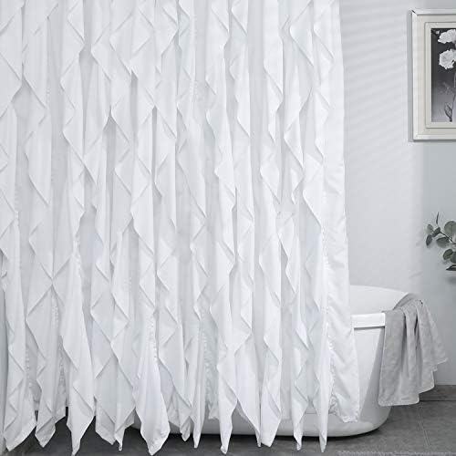 Ameritex White Ruffle Shower Curtain Waterresistant Elegant Farmhouse Shower Curtain for Bathroom 72 x 72 (White)