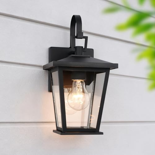 Image of Kalium Outdoor Light Fixtures Wall Mount, Waterproof Exterior Wall Lanterns with Glass, Matte Black, Outside Wall Sconces, Front Porch Lighting for House Garage Doorway Patio 12.5 in