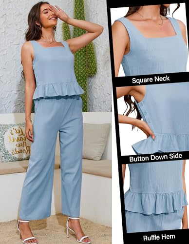 Women's Summer 2 Piece Outfits Crop Tank Top Wide Leg Pants Loose Tracksuits with Pockets S-XL4