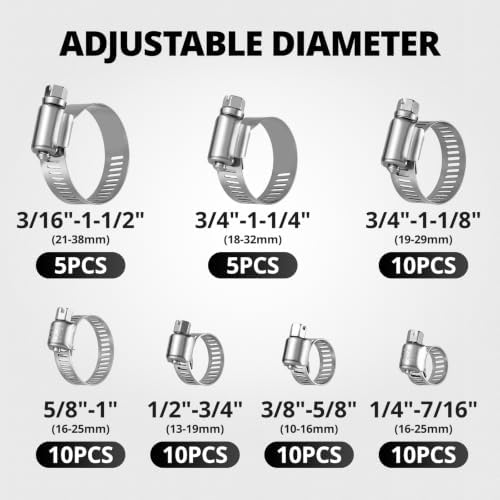 EVIL ENERGY 60PCS Worm Gear Hose Clamps (1/4"-1 1/2") – Heavy Duty 312 Stainless Steel, Adjustable Clamp Set for Fuel Line, Intercooler, Plumbing Pipe, Radiator & Vacuum Line — 사진 2