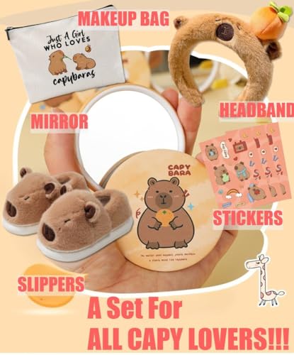Plush Capybara Slippers Cute House Slippers for Women - Fluffy Memory Foam Comfort Wear Cloud Shoes, Kawaii Animals Christmas Gift, Capy Makeup Set Includes Cosmetic Bag & Mirror & Headband & Stickers2