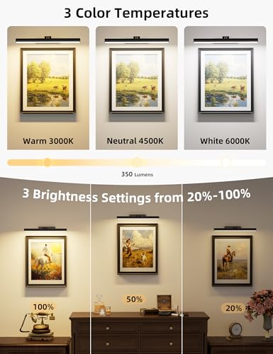 VOLISUN 16 inch Picture Lights for Wall, Rechargable Picture Light Battery Operated, 3 Color Temperatures Cordless Picture Light with Remote, Art Light for Paintings, Gallery, Portrait, 2 Pack (Black) — view 2