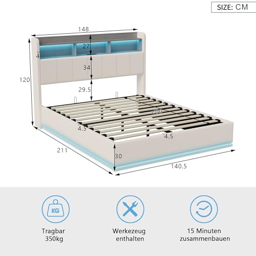 QMTXBYJ Polsterbett Doppelbett 140x200 cm, Hydraulisches Bett 140x200 mit Bettkasten und Lattenrost, Staufach-Kopfteil mit LED und USB Ladestation, Stauraumbett Funktionsbett aus Massivholz und Samt – Bild 3
