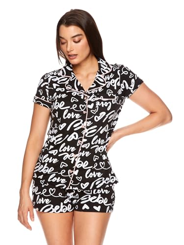 bebe Short Sleeve Pajama Set for Women, Love Logo Print PJ Set for Women, Soft Knit Women\'s Pajamas (Black, Medium)