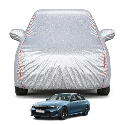 Image of Premium Car Cover for BMW 3 Series Model | Waterproof, UV & Dust Protection | Mirror & Antenna Pocket | Triple Stitched, Soft Inner Lining, Belt & Buckle (Metalic Silver)