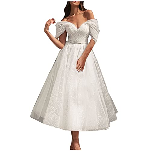 Akklian Sparkly Tulle Prom Dresses for Women 2024 off Shoulder Pleated Formal Dress Evening Party Gown Wedding Gown for Bride White