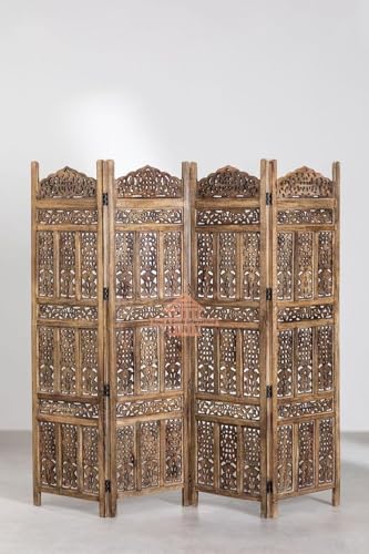 Image of Home & Goods International Wooden Room Divider Partition - Foldable Wood Screen Separator for Living Room, Bedroom, Office, Restaurant || Kangra Badrun - 4 Panel, Brown