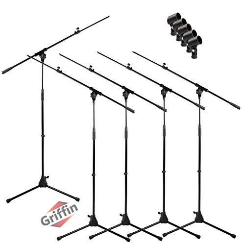 Microphone Boom Stand With Telescopic Arm (Pack Of 5) By Griffin | Adjustable Holder Mount For Studio Recording Accessories, Singing Vocal Karaoke, Live Stage Dj | Mic Clip Adapter Tripod Folding Legs #TOP17