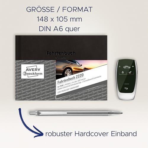 AVERY Zweckform 222D Hardcover Fahrtenbuch PKW (Finanzamt anerkannt, DIN A6 quer 148x105mm, 80 Seiten|230 Fahrten, Deutschland & Österreich, Abgrenzung privater/geschäftlicher Fahrten) 1 Stück
