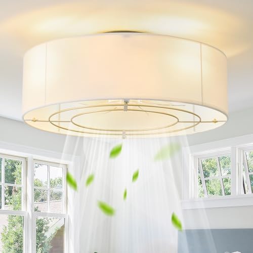 YMKSKJ 20 Inch Rattan Boho Ceiling Fan With Light & Remote – Flush Mount Enclosed Caged Fan, 6 Speeds, For Bedroom & Living Room