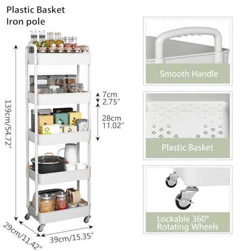 Image of Sywhitta 5-Tier Plastic Rolling Utility Cart with Wheels for Storage,White | Multi-Functional Storage Trolley, for Office, Living Room, Kitchen, Bathroom,Movable Organizer,Space-Saving,Easy to assemble