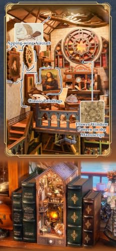 Image of Tonecheer DIY Book Nook Kit for Adults, 3D Puzzle Wooden Miniature House Kit, Booknook Dollhouse Bookshelf Insert Decor Bookend with Dust Cover and LED Lights Gifts (Leonardo da Vinci)