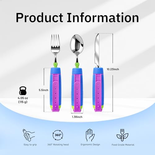 3 Pcs Adaptive Utensils for Disability, 360°Gadgets Swivel Fork Spoon with Adjustable Silicone Strap for Weak Hand Grip & Handicapped & Parkinsons Travel Eating Utensils for Disabled, Elderly - Image 4