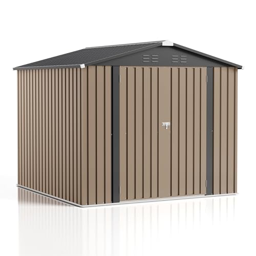 Image of JUMMICO 8x8 FT Outdoor Storage Shed, Tool Metal Sheds, Brown | Lockable Door, Sloping Roof, Waterproof Utility Garden Shed for Backyard Patio Lawn, 7.5x7.5 FT