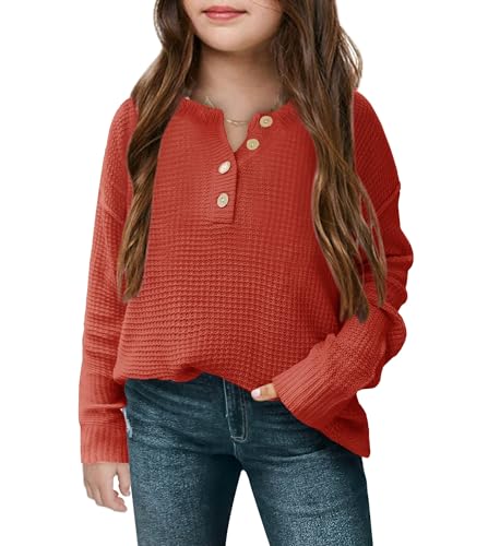 Image of Girls Waffle Knit Sweaters Trendy Henley Button V Neck Long Sleeve Pullover Jumper Tops Orange Red