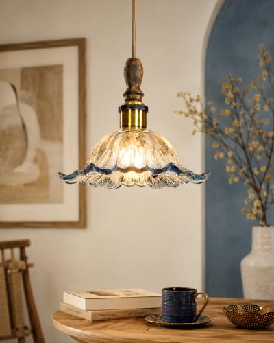 Image of Homesake Botanica Pendant Lamp | Petal Scalloped Glass Hanging Light with Solid Wood Top | Vintage European Ceiling Fixture, Pendant Light for Home Decor, Hallway, Foyer & Balcony, (Tulip, Blue)