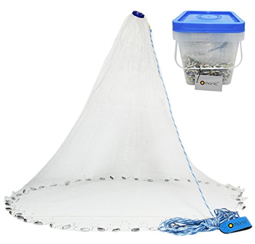 Omonic Handmade American Style Saltwater Fishing Cast Net for Bait Trap Fish with Heavy Duty Real Lead Weights and 40 Feet Handline 3/8inch Mesh Size 4ft 6ft 8ft 10ft 12ft Radius (10 Feet 3/8 Inch)
