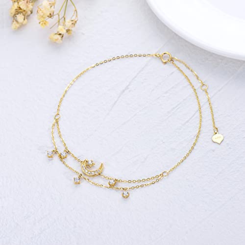 Solid 14K Gold Layered Anklet For Women, Real Gold Moon And Star Ankle Bracelet Summer Beach Anklets Fine Jewelry Gifts For Women Wife Girls, 8''+2'' #TOP2