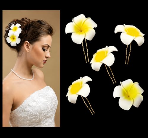 Image of Tia Crafts White Hawaii Plumeria Flower Hair Clips for Women & Girls | Artificial Bridal Bun Hair Pin for Wedding, Beach & Party (White Hawai - Set of 5)