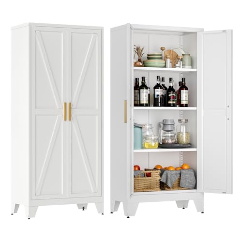 Image of LCAOPC 61 inch Tall Metal Storage Cabinet with 2 Doors and 3 Adjustable Shelves, 4-Tier Kitchen Pantry Storage Cabinet for Kitchen, Living Room, Dining Room and Office, White
