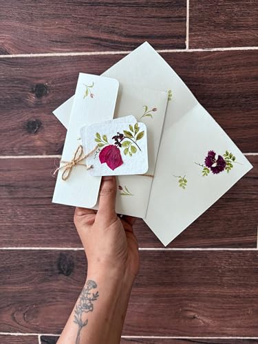 Image of PetalsByShweta, Pack of 6, A5 size pressed flower & watercolor painted letter writing papers & Envelopes with tags . White Kraft Paper Envelopes | Envelopes for cards | Pressed Flower Design | invitation writing paper | Thank you notes writing (Mogra white) (Mogra white)