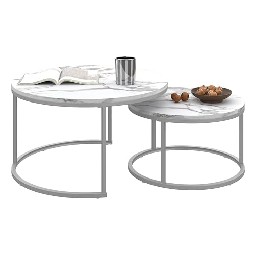 Ginhow Juego de 2 Mesas Auxiliares Redondas Blanca, Centro de Mesa Balcon con Patas de Metal Plateado, Ø70X45 cm + Ø50x35 cm (Blanco y Plata)