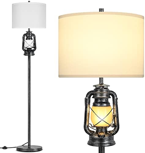 BrightHome Farmhouse Lantern Floor Lamp with LED Night Light - Rustic Tall Standing Lamp for Living Room Bedroom Office - Traditional Pole Lamp Black & Silver Finish - Floor Reading Light Home Decor