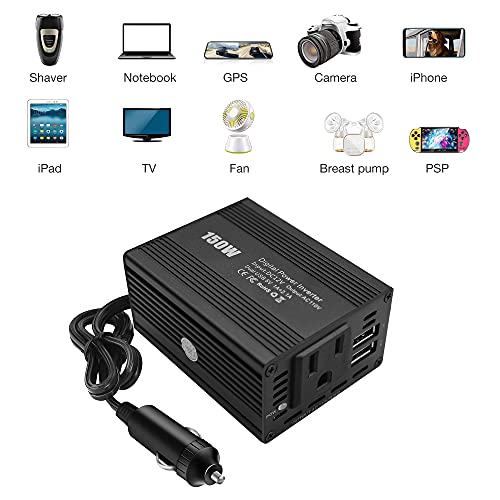 Homdec 150W Power Inverter 12V Dc To 110V Ac Car Plug Adapter Outlet Converter With 3.1A Dual Usb Ac Car Charger For Laptop Computer #TOP5